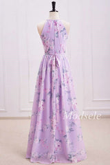 Purple Floral Print Halter Long Bridesmaid Dress