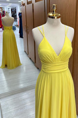 V-Neck Cross Back Chiffon Bridesmaid Dress in Yellow