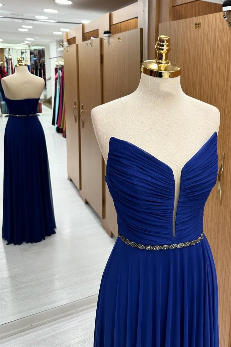 Royal Blue Strapless Chiffon Wedding Guest Dress with Beaded Sash