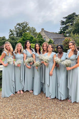 Dusty Blue Surplice Chiffon Bridesmaid Dress with Flared Sleeves