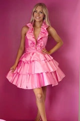 Red Halter Ruffle Tiered Homecoming Dress