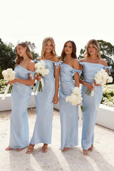 Off-Shoulder Sheath Pleated Satin Light Blue Long Bridesmaid Dress