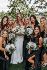One Shoulder Black Satin Pleats Long Bridesmaid Dress with Slit