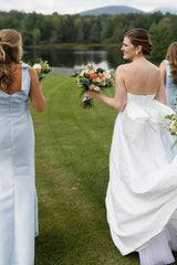 Elegant Straps Bows Pleats Satin Sleeveless Long Bridesmaid Dress with Slit