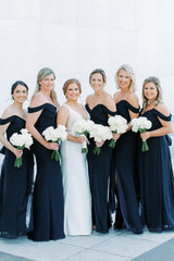 Black Off-Shoulder Side Slit V-Neck Chiffon Long Bridesmaid Dress