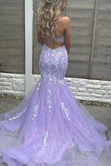 Mermaid Spaghetti Straps V-Neck Appliques Lavender Long Prom Dress
