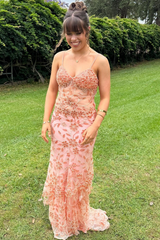 Stunning Spaghetti Straps Appliques Mermaid Red Long Prom Dress