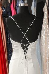 Satin Mermaid Spaghetti Straps Pleated Long Prom Dress with Slit