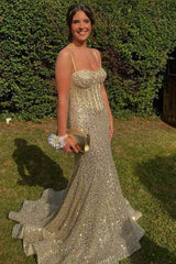 Mermaid Spaghetti Straps Glitter Mermaid Long Prom Formal Dress