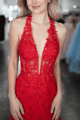 Halter V-Neck Lace Appliques Mermaid Long Prom Dress with Slit