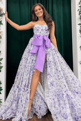 Elegant Floral A-Line Printing Strapless Long Prom Formal Dress with Bow