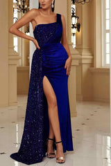 One Shoulder A-Line Sequins Pleated Velvet Long Prom Dress with Slit