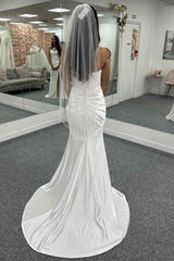 Strapless V-Neck Mermaid Satin Pleated Beach Wedding Dress with Slit