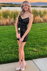 Black Lace Spaghetti Straps V-Neck Bodycon Sleeveless Homecoming Dress