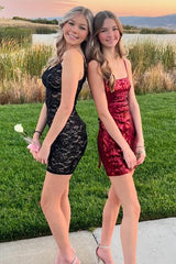 Black Lace Spaghetti Straps V-Neck Bodycon Sleeveless Homecoming Dress
