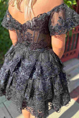 Off-Shoulder A-Line Sequins Appliques Tiered Short Homecoming Dress