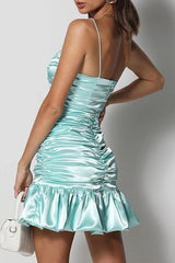 Spaghetti Straps Pleated Satin Sleeveless Short Party Homecoming Dress