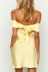 Elegant Yellow Off-Shoulder Satin Short Homecoming Cocktail Party Dress