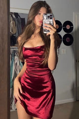 Burgundy Straps Scoop Pleated Satin Short Homecoming Party Dress