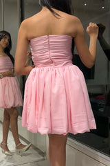 Pink A-Line Strapless Scoop Pleated Sleeveless Short Party Homecoming Dress