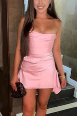 A-Line Strapless Sleeveless Pleats Satin Short Party Homecoming Dress