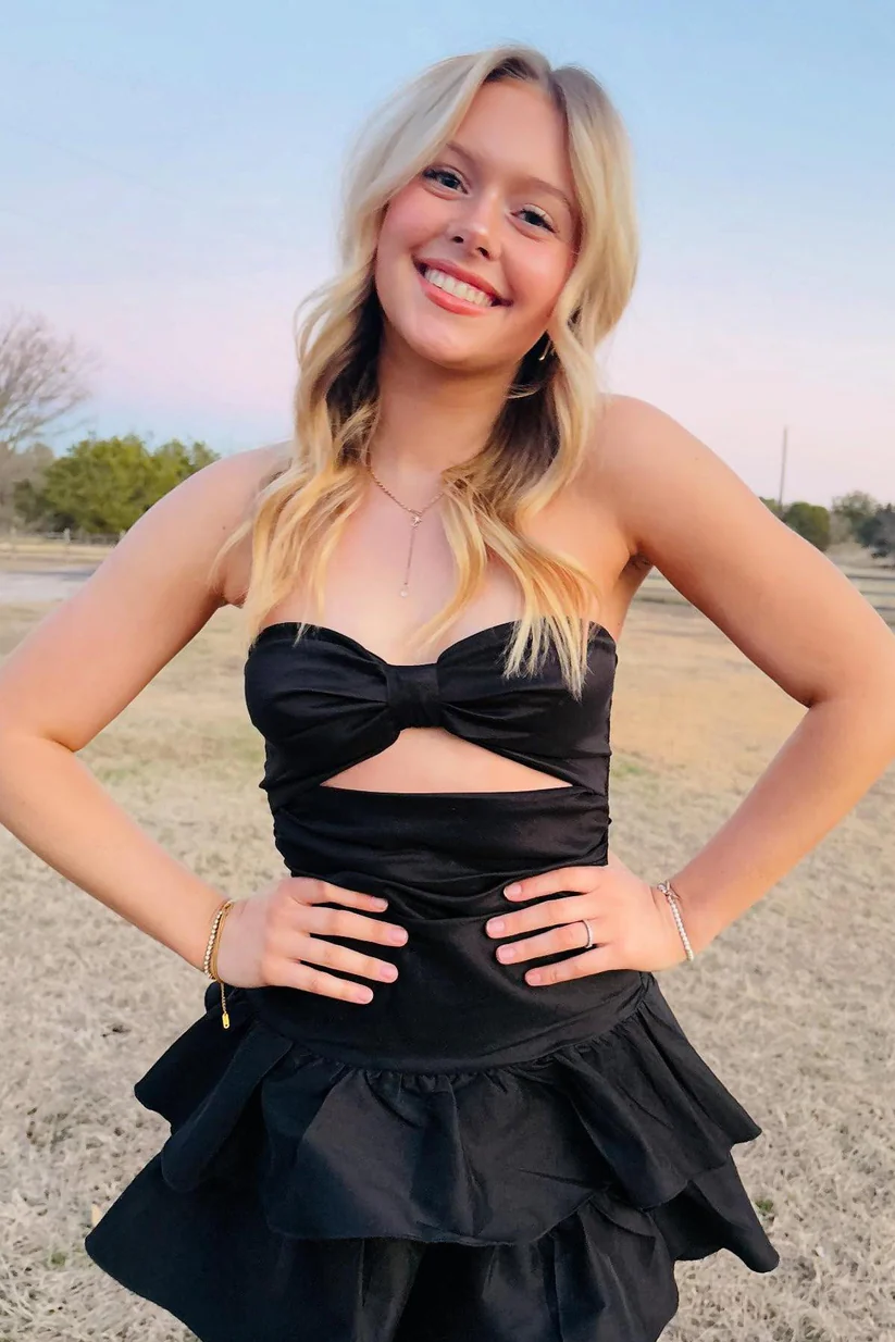 Black A-Line Strapless Keyhole Ruffles Satin Sleeveless Homecoming Dress