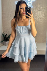 Blue Straps A-Line Empire-Waist Layered Sleeveless Short Homecoming Dress