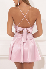 Pink Spaghetti Straps Scoop Pleats Satin Short Cocktail Homecoming Dress