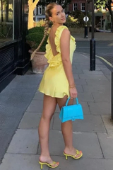 Yellow Straps Ruffles Satin Pleats Short Homecoming Dress