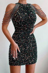 Sparkly High Neck Sequined Sleeveless Tight Cocktail Homecoming Dress
