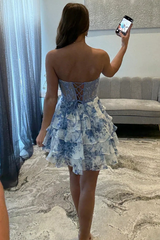 Cute A-Line Strapless Sweetheart Print Ruffles Short Homecoming Dress