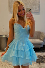 A-Line Strapless Empire-Waist V-Neck Ruffles Short Cocktail Homecoming Dress