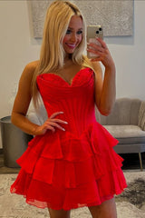 A-Line Strapless Empire-Waist V-Neck Ruffles Short Cocktail Homecoming Dress