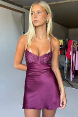 Halter V-Neck with Sequins Pleats Short Party Homecoming Dress