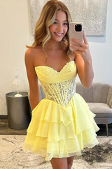 Strapless A-Line Empire-Waist V-Neck Layered Short Homecoming Dress