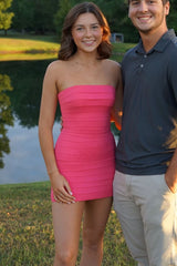 Strapless Pleated Sleeveless Satin Bodycon Mini Homecoming Dress