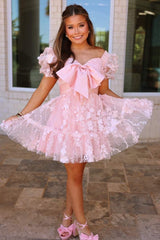 Pink A-Line Short Sleeves Empire-Waist Appliques Short Homecoming Dress