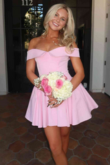 Pink Off-Shoulder A-Line Empire-Waist Pleated Satin Short Homecoming Dress