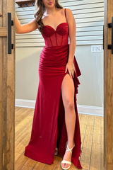 Spaghetti Straps V-Neck Pleats High Slit Mermaid Satin Long Prom Dress