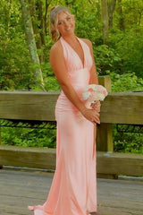 Yellow Halter V-Neck Pleated Satin Mermaid Long Prom Formal Dress