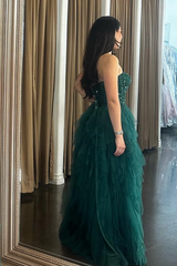 Strapless A-Line Sweetheart Appliques Ruffles Tulle Green Prom Dress with Slit