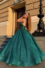 Green A-Line V-Neck Glitter Spaghetti Straps Formal Prom Dress