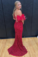Red Off-Shoulder Mermaid Sequins Appliques Long Prom Dress with Feathers