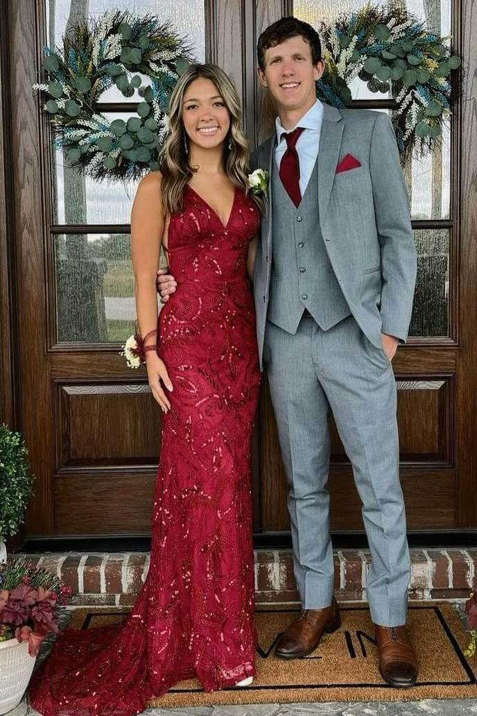 Burgundy Spaghetti Straps V-Neck Sequins Appliques Mermaid Prom Dress