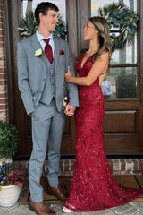 Burgundy Spaghetti Straps V-Neck Sequins Appliques Mermaid Prom Dress