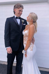 White Spaghetti Straps V-Neck Appliques Mermaid Formal Prom Dress