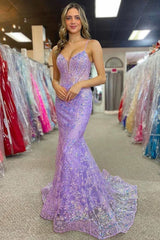 Mermaid Spaghetti Straps V-Neck Appliques Long Prom Dress