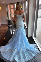 Off-Shoulder V-Neck Appliques Mermaid Long Formal Prom Dress with Slit