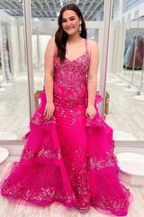 Stunning V-Neck Lace Appliques Detachable Train Formal Prom Dress
