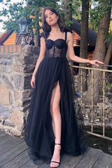 Black A-Line Straps Sweetheart Tulle Sleeveless Long Prom Formal Dress
